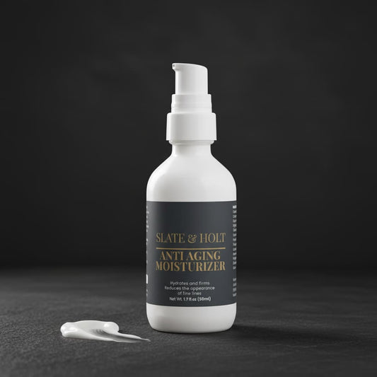 White bottle of Slate & Holt anti-aging moisturizer on a dark background