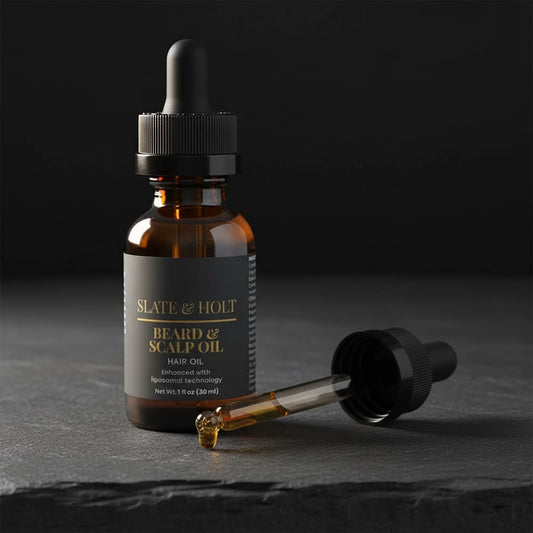 Slate & Holt beard and scalp oil bottle with dropper on a dark background