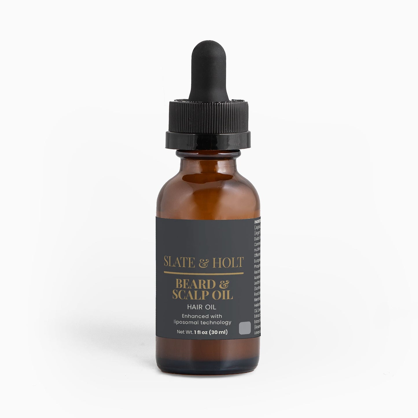 Brown bottle of beard and scalp oil with a dark label featuring the brand 'Slate & Holt' on a white background