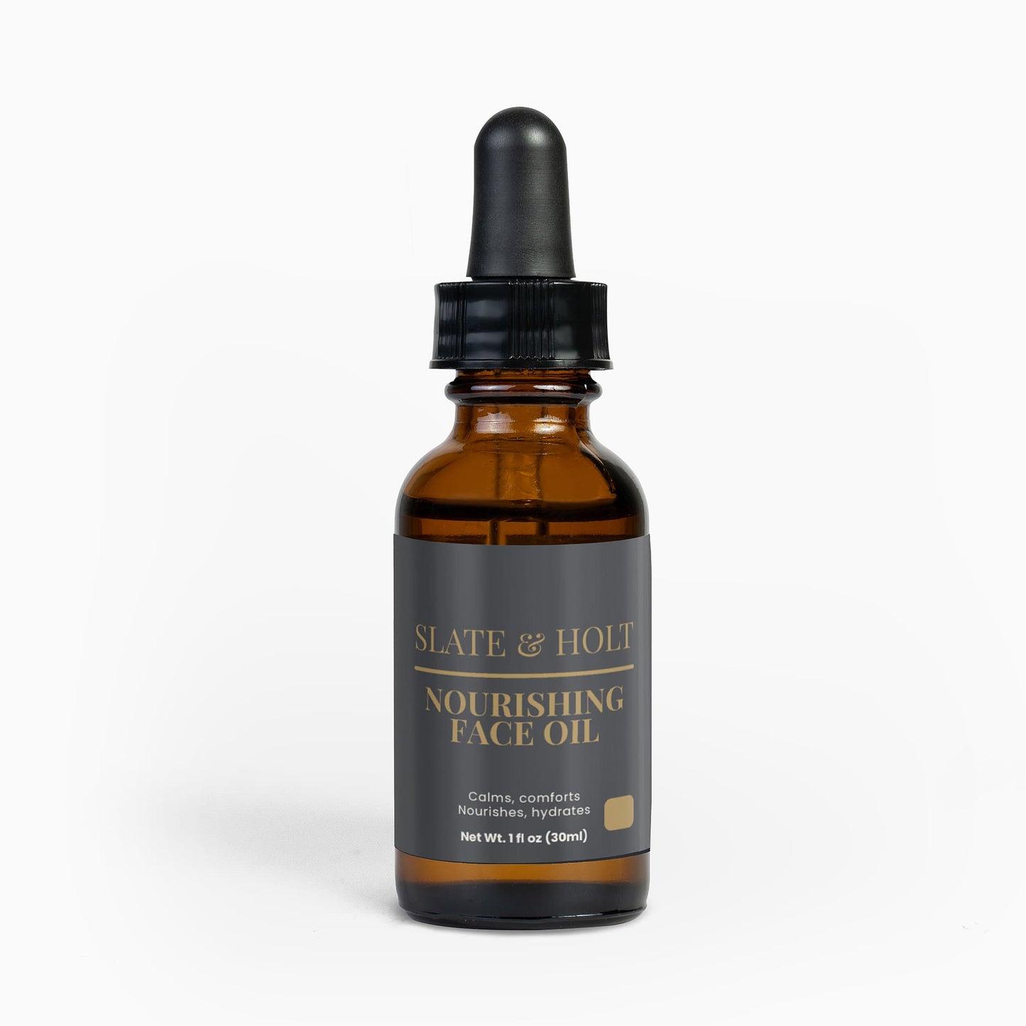 Brown glass bottle with dropper labeled 'Slate & Holt Nourishing Face Oil' on a white background