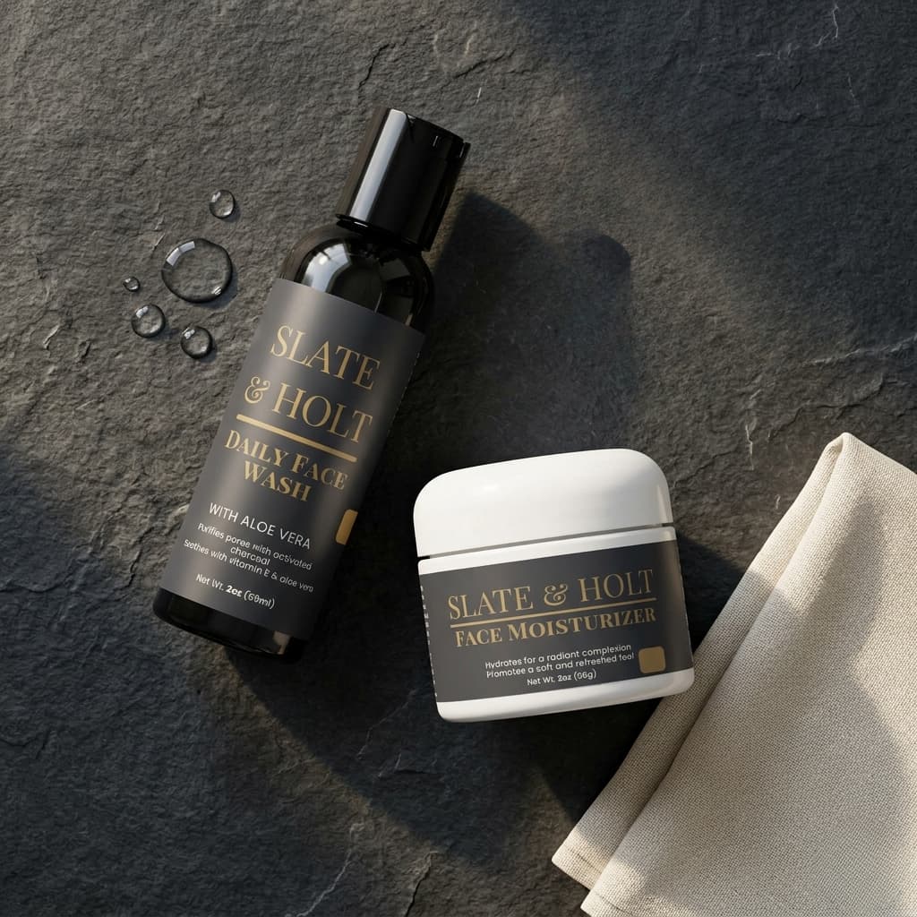 Slate & Holt daily face wash and face moisturizer on a dark stone surface with a beige towel.