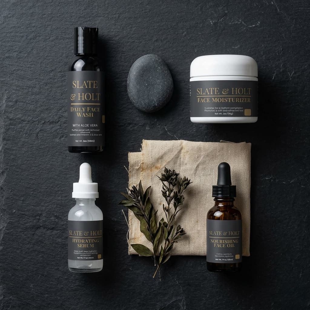 Skincare products from Slate & Holt on a dark surface with natural elements.