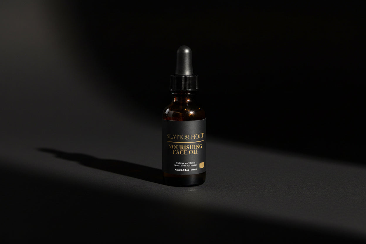 Slate & Holt Nourishing Face Oil jojoba squalane face oil dark matte background