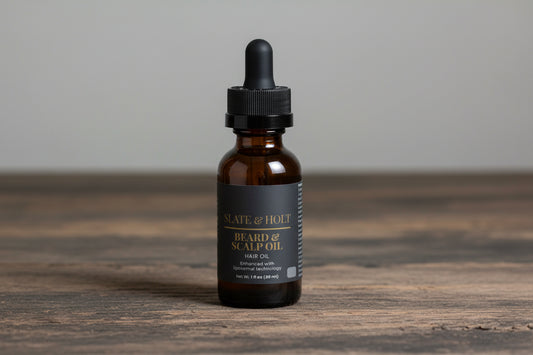 Slate & Holt Beard and Scalp Oil argan castor rosemary beard oil wood surface