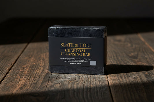 Slate & Holt Charcoal Cleansing Bar activated charcoal soap bar wood surface