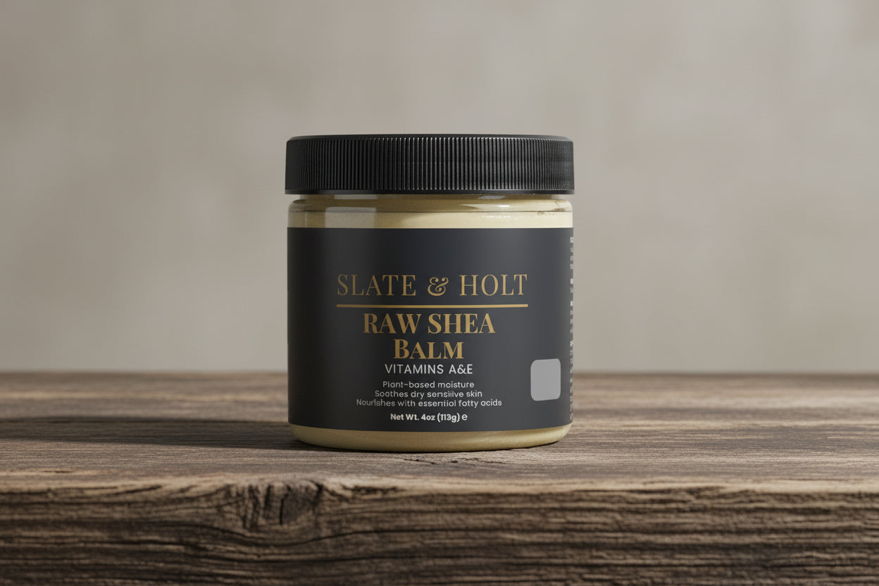 Slate & Holt Raw Shea Balm organic shea butter wood surface