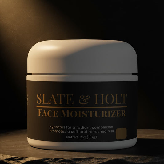 Jar of Slate & Holt face moisturizer on a dark background