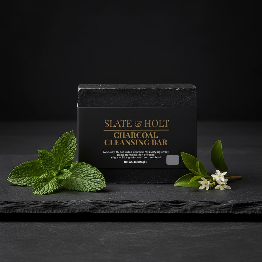 Black soap bar with 'Slate & Holt' branding on a dark background with mint leaves and flowers.