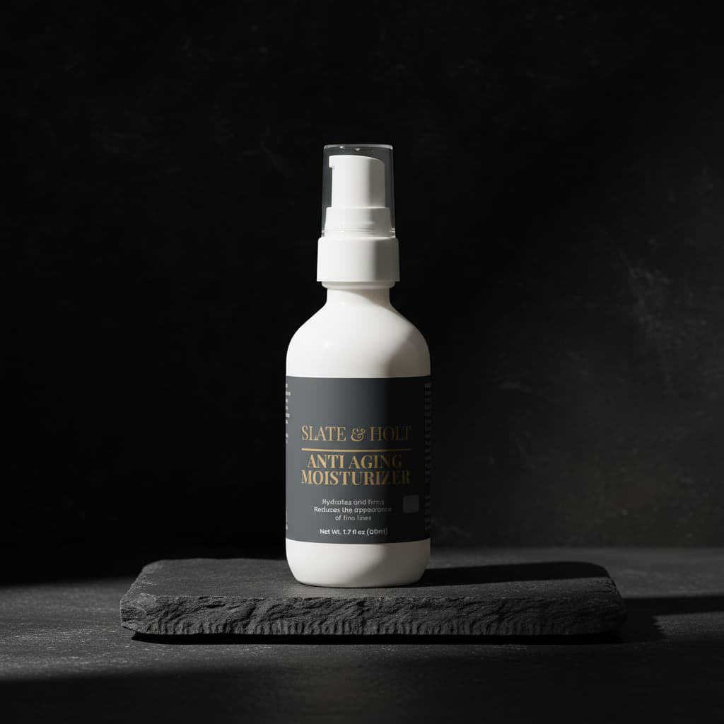 White bottle of anti-aging moisturizer on a dark background