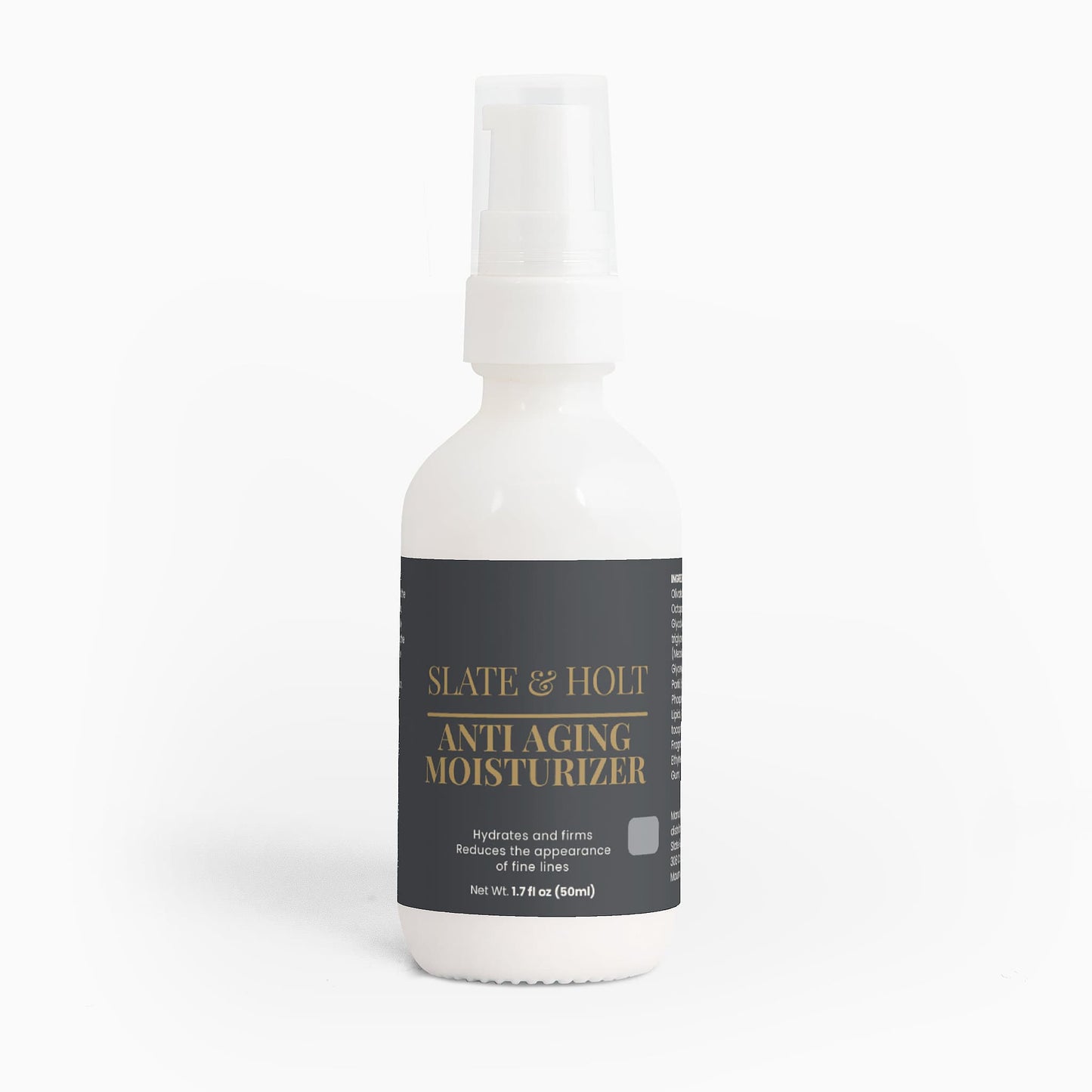 White bottle of Slate & Holt anti-aging moisturizer on a white background