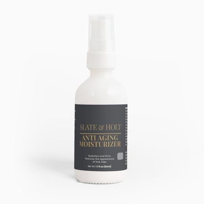 White bottle of Slate & Holt anti-aging moisturizer on a white background