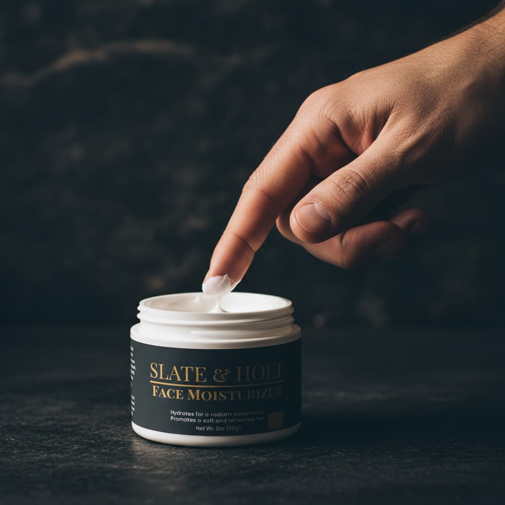 Hand applying face moisturizer from a jar labeled 'Slate & Holt' on a dark background