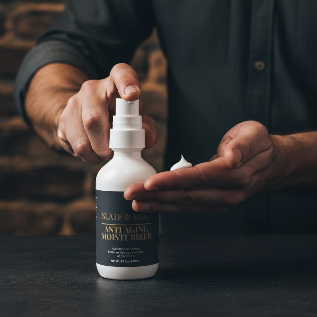 Person holding a bottle of Slate & Fog anti-aging moisturizer with a blurred background