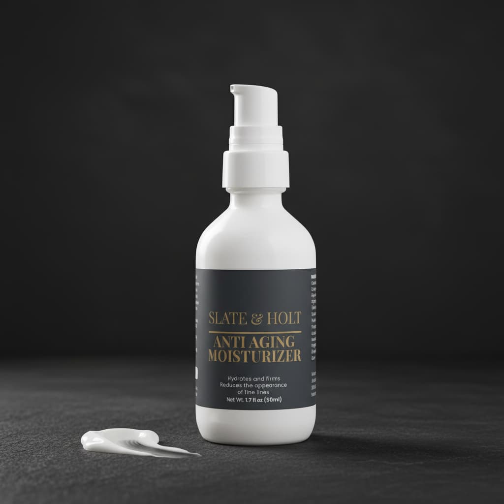 White bottle of Slate & Holt anti-aging moisturizer on a dark background
