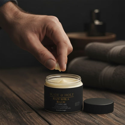Hand applying balm from a jar labeled 'Slate & Holt Raw Shea Balm' on a wooden surface.