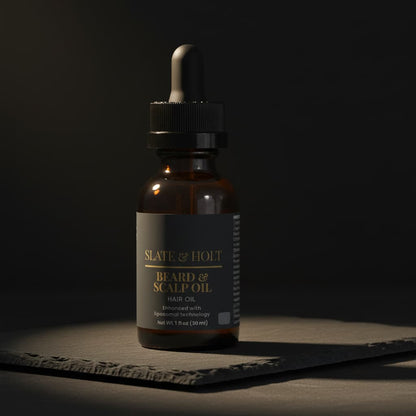 Bottle of Slate & Holt beard and scalp oil on a dark background