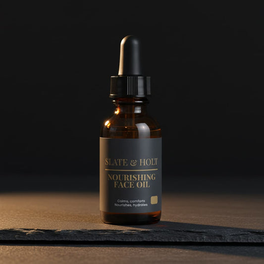 Slate & Holt nourishing face oil bottle on a dark background