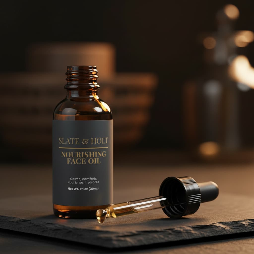 Slate & Holt nourishing face oil bottle with dropper on a dark surface