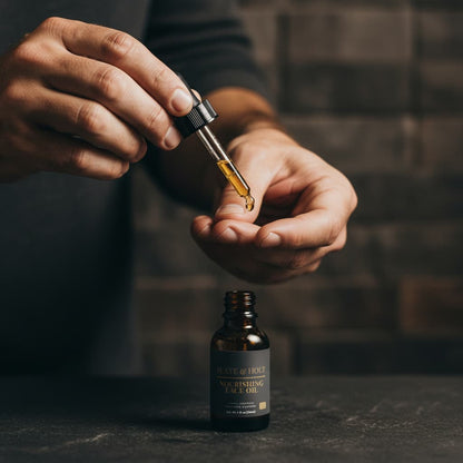 Person pouring oil from a dropper into a bottle labeled 'Nourishing Face Oil' against a dark background.