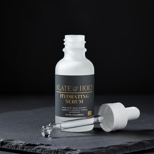 Slate & Holt hydrating serum bottle with dropper on a dark background