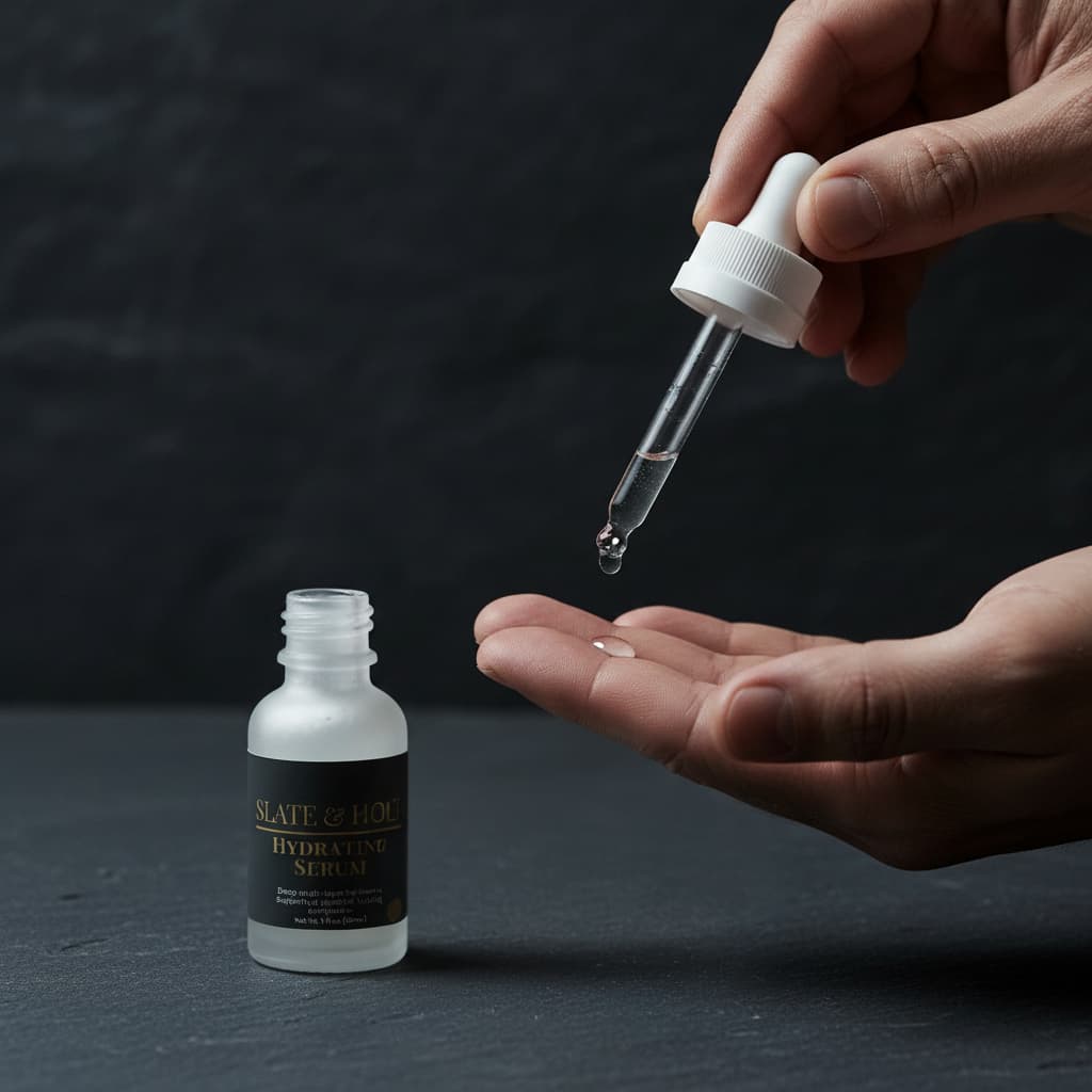 Hand holding a dropper with a small bottle labeled 'Slate & Stone' on a dark background