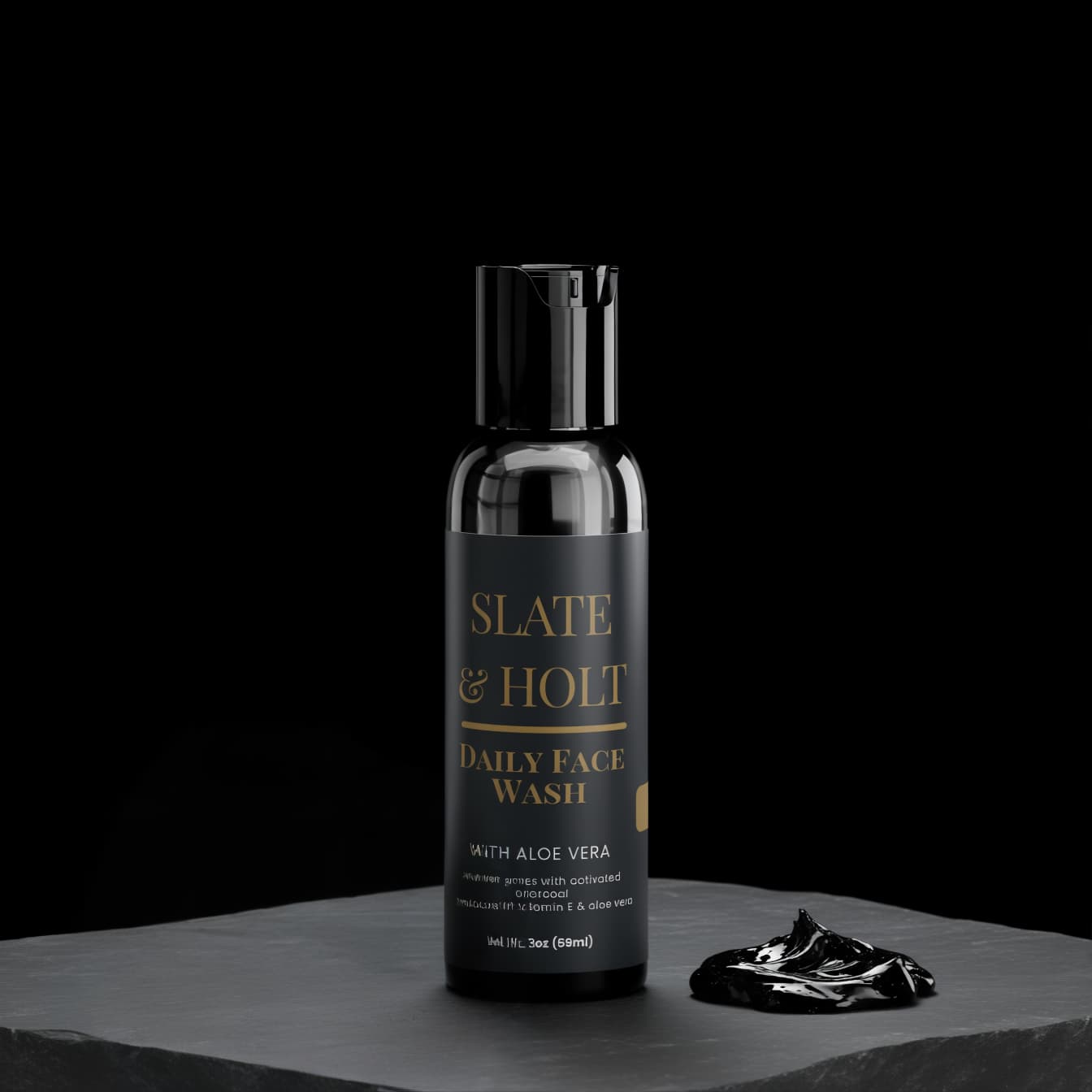 Slate & Holt daily face wash bottle with a black background