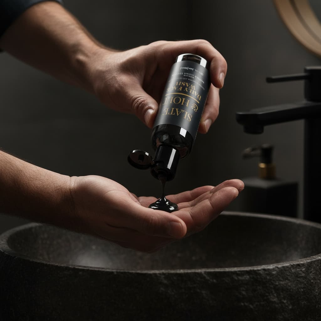 Person pouring black liquid from a bottle into their hand over a dark sink.