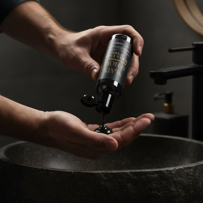 Person pouring black liquid from a bottle into their hand over a dark sink.