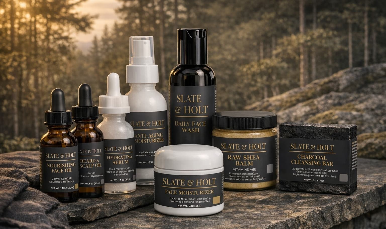Collection of Slate & Holt skincare products on a stone surface with a forest background