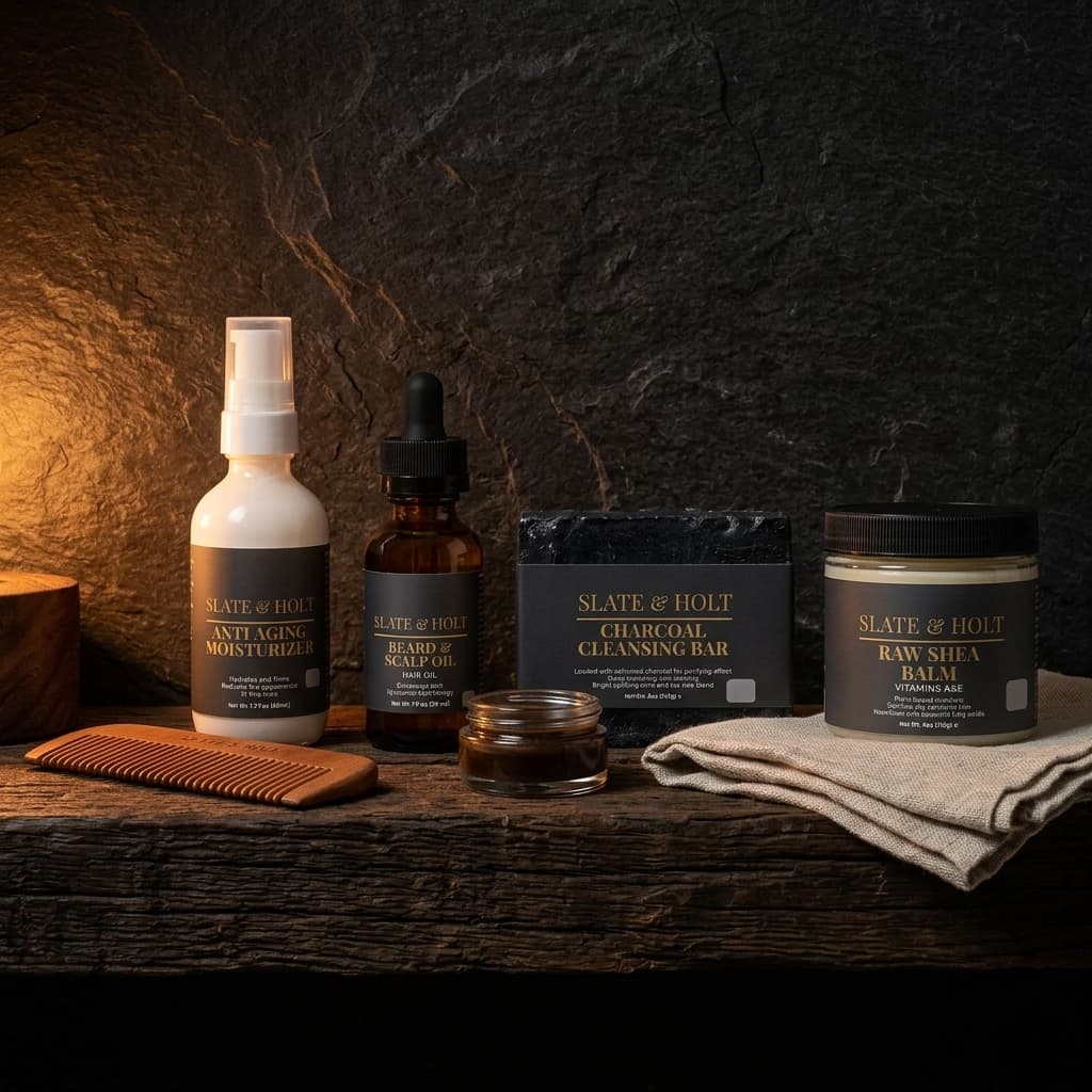 Collection of Slate & Hold skincare and grooming products on a wooden surface with a dark stone background.
