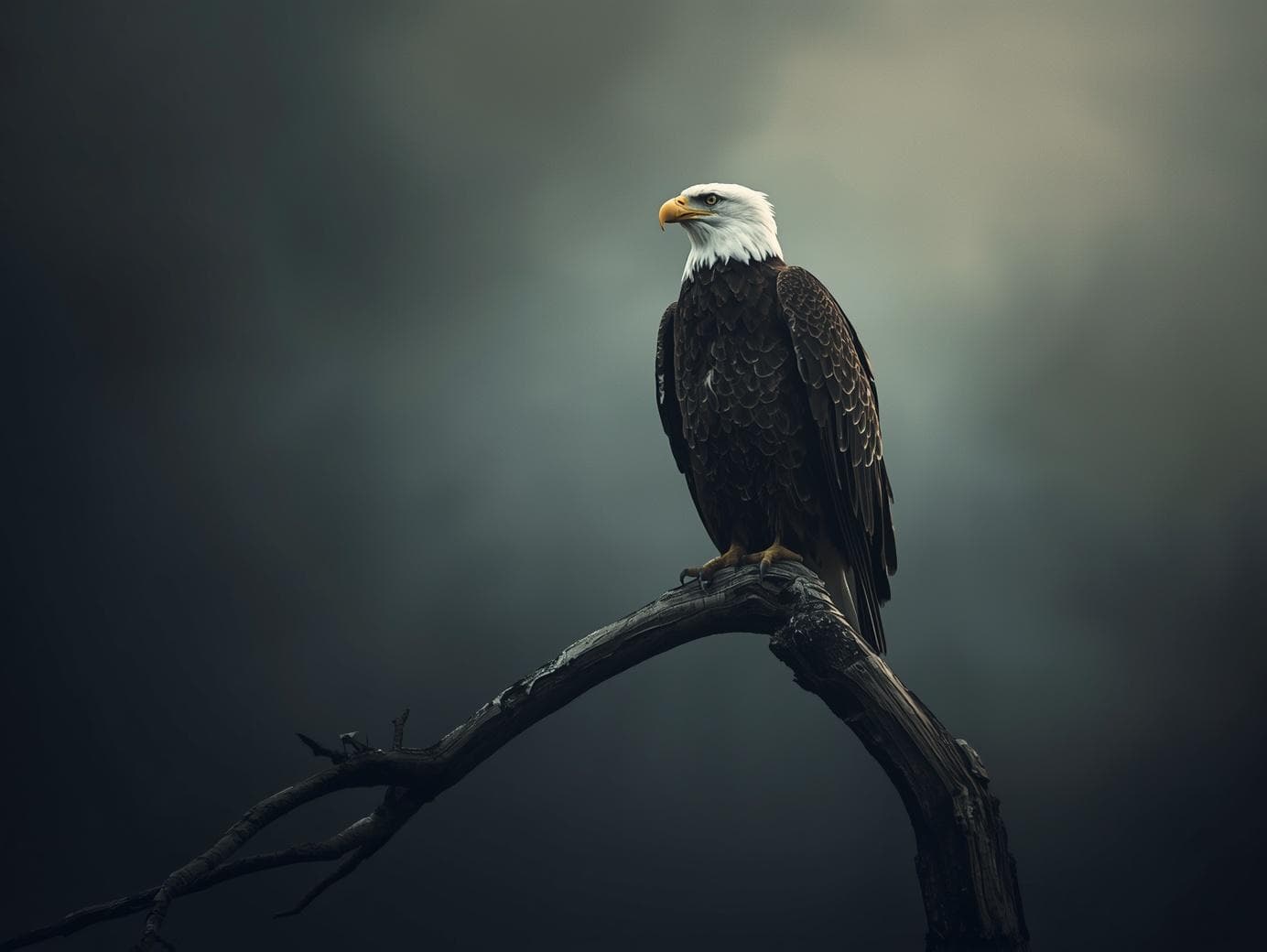 Bald eagle perched on a branch against a dark background